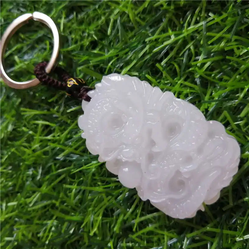 Natural Jade Carved Dragon Dragon Pearl KeyChain Necklace