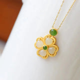 Jade Clover Pendant 925 Silver Necklace Chinese Hand-Carved Agate Charm Jewelry