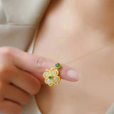 Jade Clover Pendant 925 Silver Necklace Chinese Hand-Carved Agate Charm Jewelry