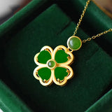 Jade Clover Pendant 925 Silver Necklace Chinese Hand-Carved Agate Charm Jewelry