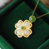 Jade Clover Pendant 925 Silver Necklace Chinese Hand-Carved Agate Charm Jewelry