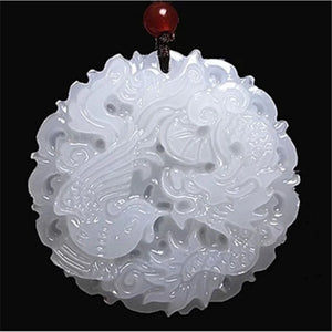 Jade Dragon Phoenix Pendant Necklace Chinese Hand-Carved Charm Jewelry