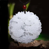 Jade Dragon Phoenix Pendant Necklace Chinese Hand-Carved Charm Jewelry