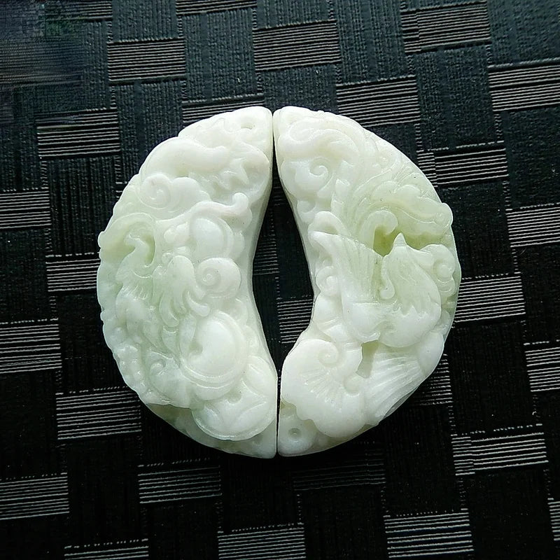 Natural Jade Dragon Phoenix Pendant Necklace Hand-Carved Charm Jewelry Amulet
