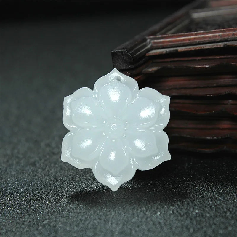 Jade Flower Pendant Necklace Hand-Carved Charm Jewelry Amulet