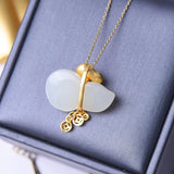 Jade Gourd Pendant Necklace 925 Silver Chalcedony Chinese Carved Charm