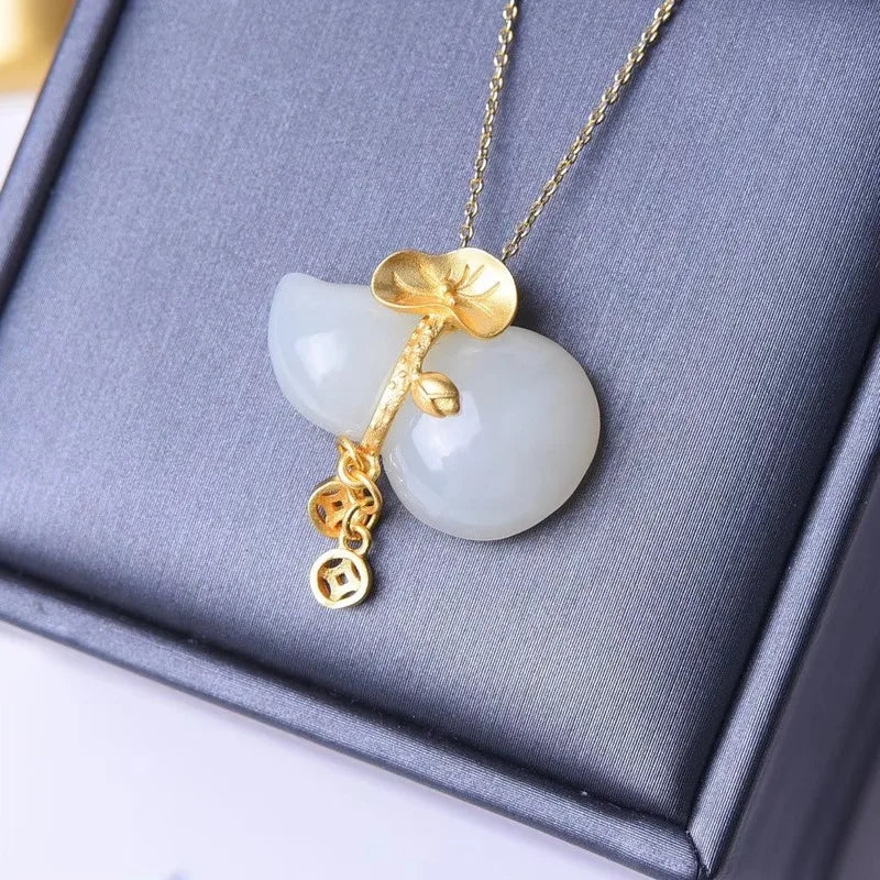 Jade Gourd Pendant Necklace 925 Silver Chalcedony Chinese Carved Charm