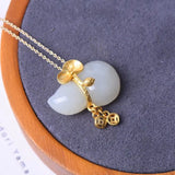 Jade Gourd Pendant Necklace 925 Silver Chalcedony Chinese Carved Charm