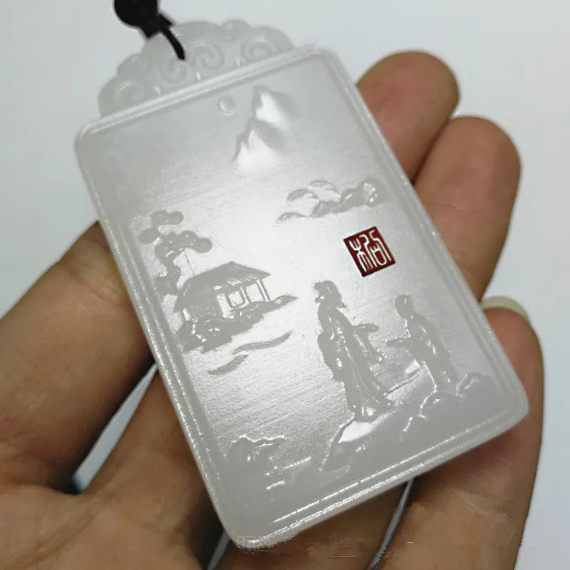 Natural Jade Carved Landscape Pendant Boutique Jewelry Men and Women's Necklace