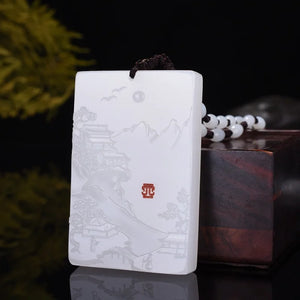 Jade Carved Landscape Pendant Men's Women's Painting Necklace Gift