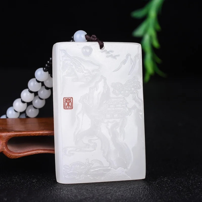 Natural Jade Carved Landscape Pendant Boutique Jewelry