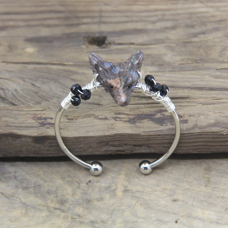 Jade Wolf Head Cuff Bangle Wire Wrap Crystal Gems Quartz Women Bracelet
