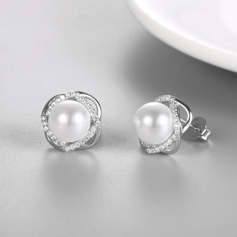 Pearl Stud Earrings 925 Sterling Silver Zircon Earring for Women