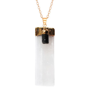 Selenite With Tourmaline Rough Gypsum Stone Pendant Necklace