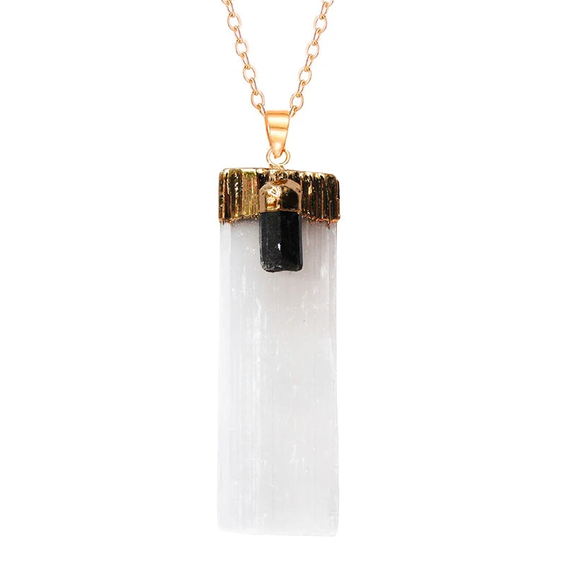 Selenite With Tourmaline Rough Gypsum Stone Pendant Necklace