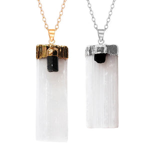 Selenite With Tourmaline Rough Gypsum Stone Pendant Necklace