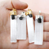 Selenite With Tourmaline Rough Gypsum Stone Pendant Necklace