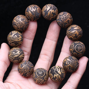 Natural Wood Bracelet Carved God Beast Wealth 20mm Men Beaded