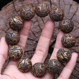 Natural Wood Bracelet Carved God Beast Wealth 20mm Men Beaded