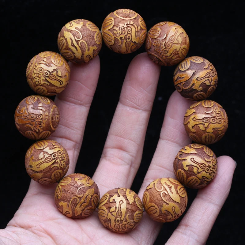 Natural Wood Bracelet Carved God Beast Wealth 20mm Men Beaded
