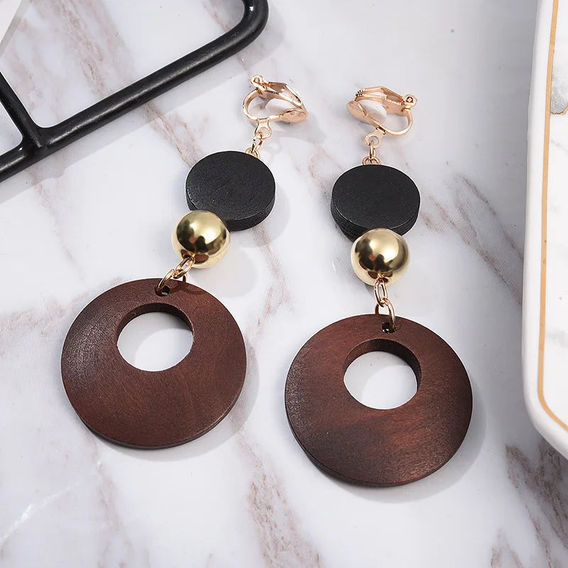 Natural Wood Clip Earrings for Women Geometric Statement Jewelry