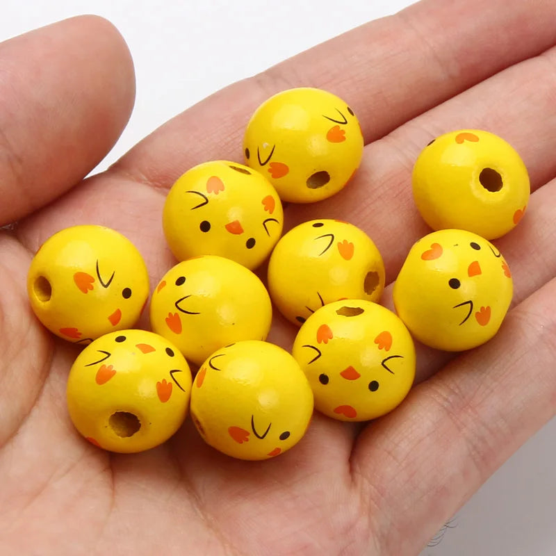 Wood Beads 10pcs Yellow Animal Pattern Round Balls DIY Jewelry Making