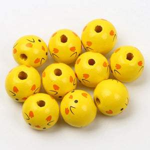 Wood Beads 10pcs Yellow Animal Pattern Round Balls DIY Jewelry Making