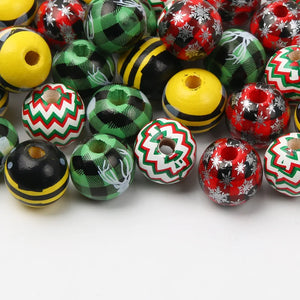 15mm Plaid Snowflake Elk Pattern Wooden Beads for Jewelry Making