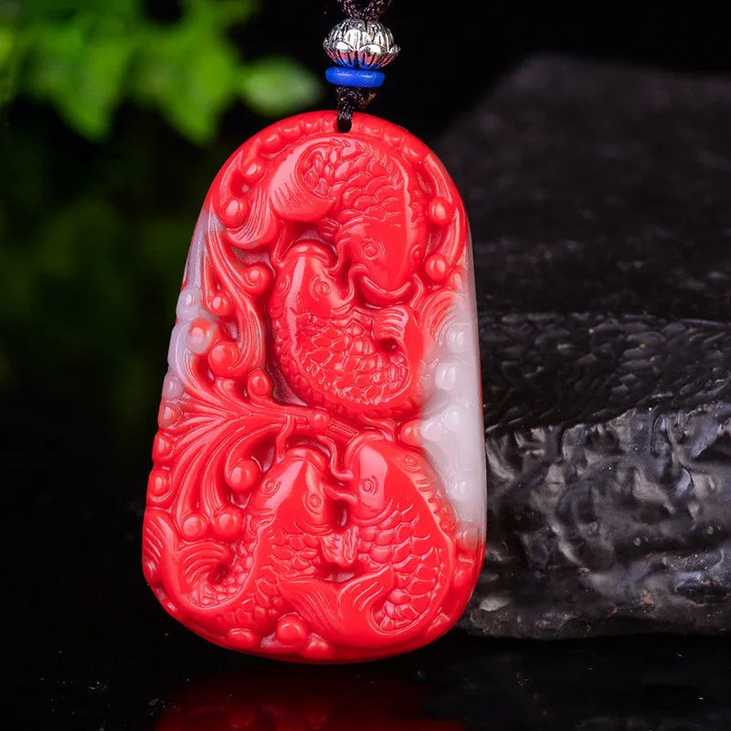 Xinjiang Chicken Blood Jade Goldfish Pendant Red and Jade Floating Flower