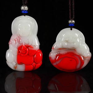 Xinjiang Gobi Chicken Blood Jade Guanyin Buddha Pendant Necklace