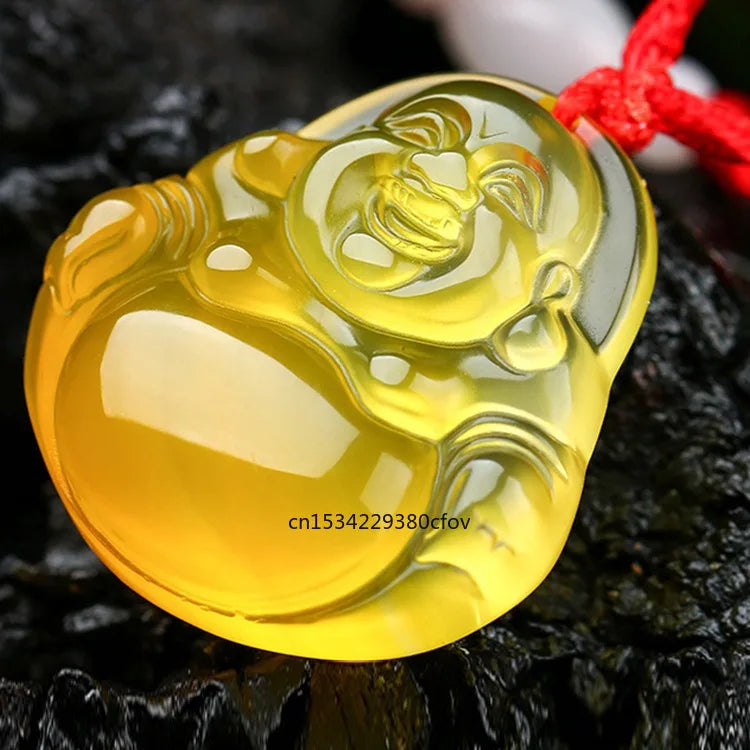Yellow Agate Buddha Pendant Jadeite Necklace Charm Jewelry Hand-Carved