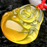 Yellow Agate Buddha Pendant Jadeite Necklace Charm Jewelry Hand-Carved