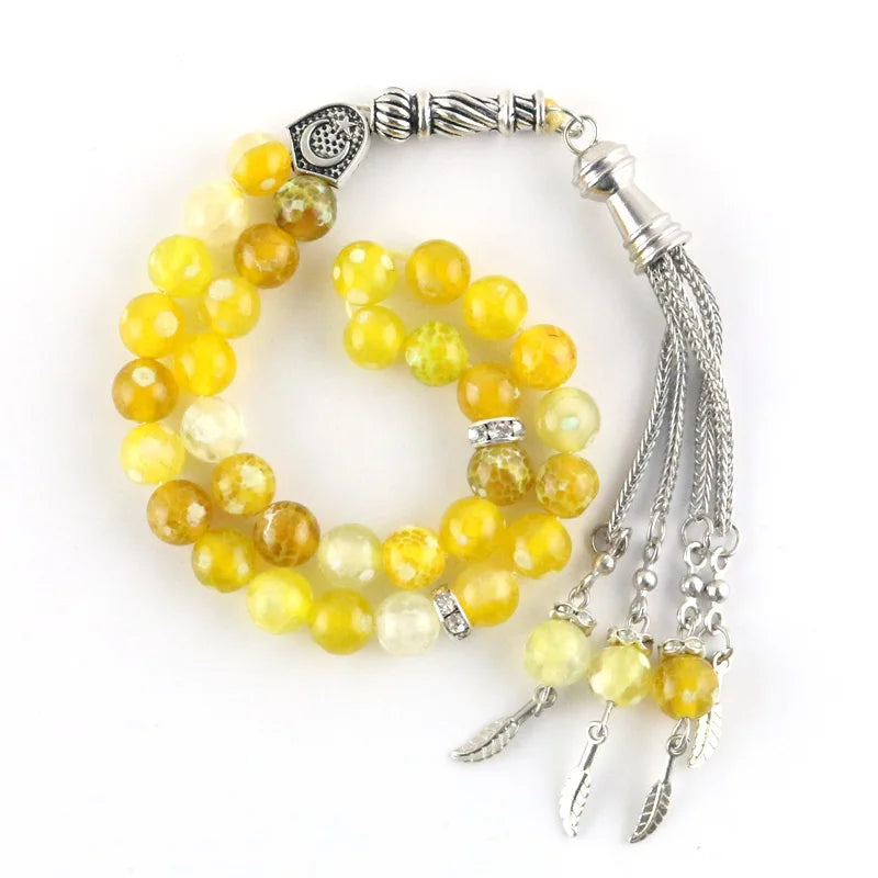 Yellow Agate Beaded Bracelet Islamic Rosary Muslim Tasbih Tassel Pendant