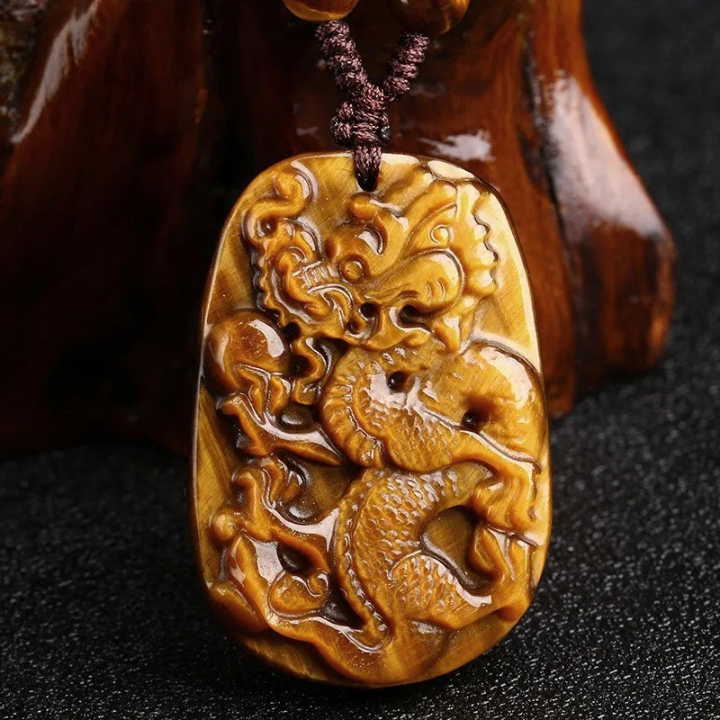 Yellow Jade Tiger Eye Dragon Pendant Necklace Charm Jadeite Jewelry