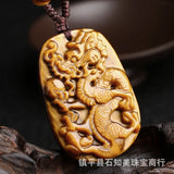 Yellow Jade Tiger Eye Dragon Pendant Necklace Charm Jadeite Jewelry