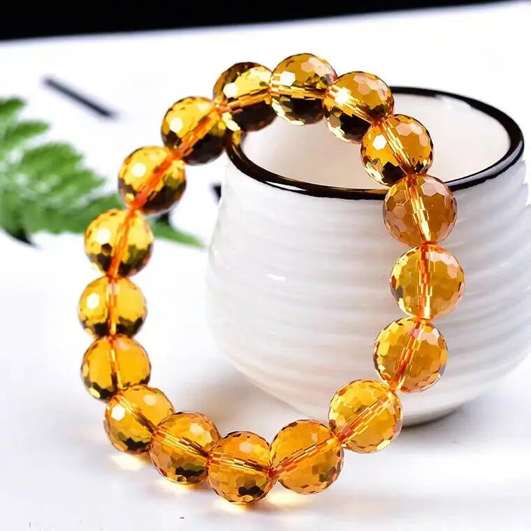 Natural Yellow Citrine Quartz Faceted Beads Bracelet 8mm-14mm AAAAA