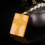 Yellow Dragon Jade Hand Carved Cross Pendant Jesus Necklace