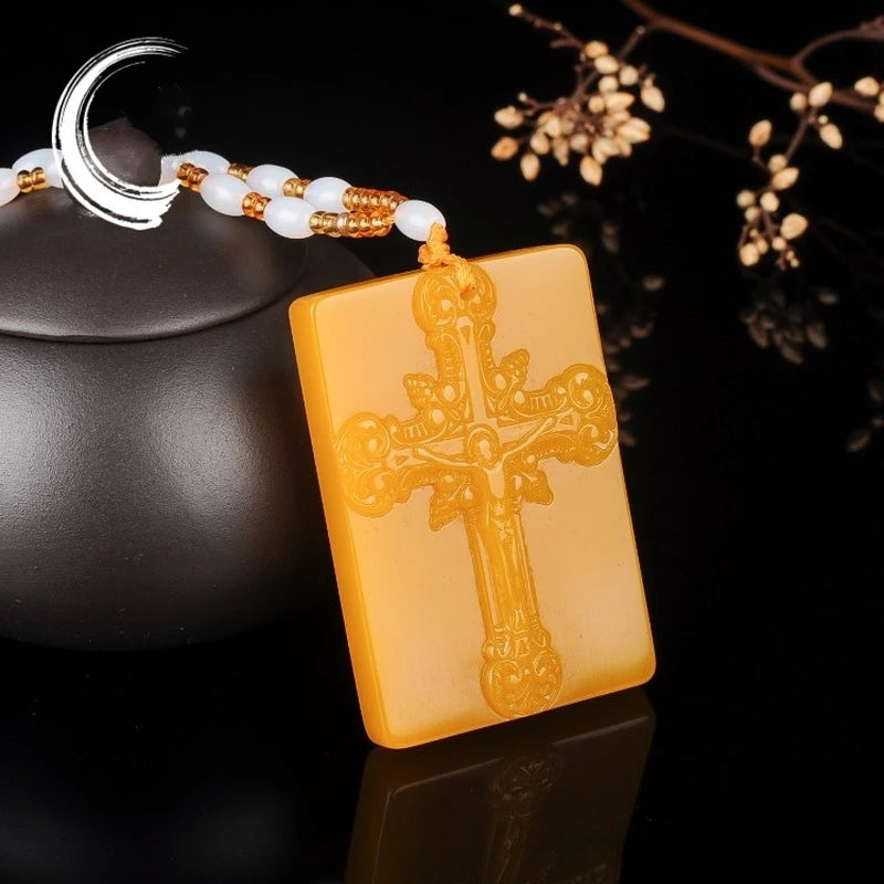 Yellow Dragon Jade Hand Carved Cross Pendant Jesus Necklace