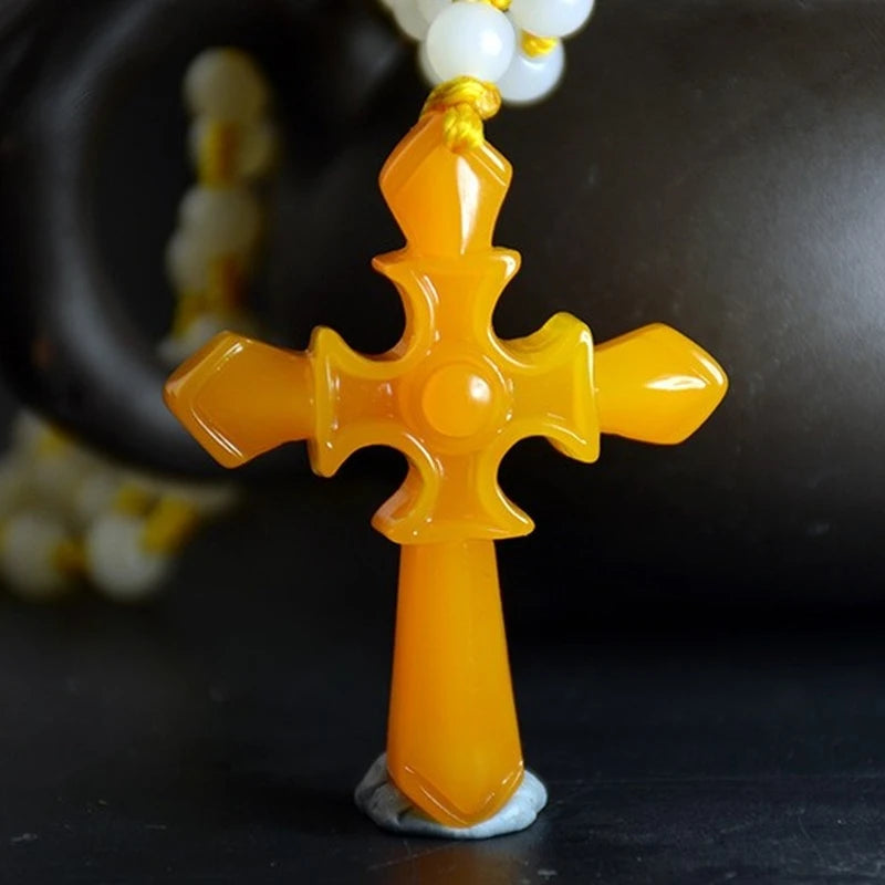Yellow Jade Dragon Carved Cross Pendant Necklace