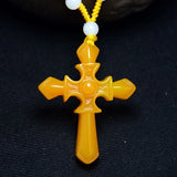 Yellow Jade Dragon Carved Cross Pendant Necklace