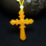 Yellow Jade Dragon Carved Cross Pendant Necklace
