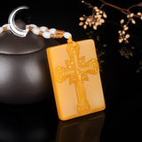 Yellow Dragon Jade Hand Carved Cross Pendant Jesus Necklace