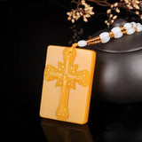 Yellow Dragon Jade Hand Carved Cross Pendant Jesus Necklace