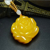 Yellow Dragon Jade Rose Pendant Boutique Jewelry Peony Flower Necklace