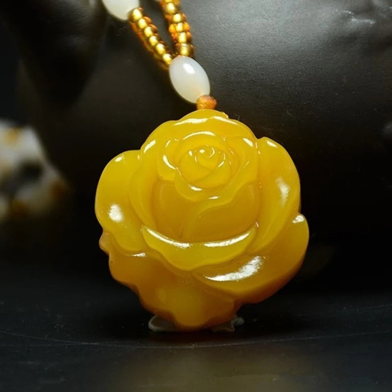 Yellow Dragon Jade Rose Pendant Boutique Jewelry Peony Flower Necklace