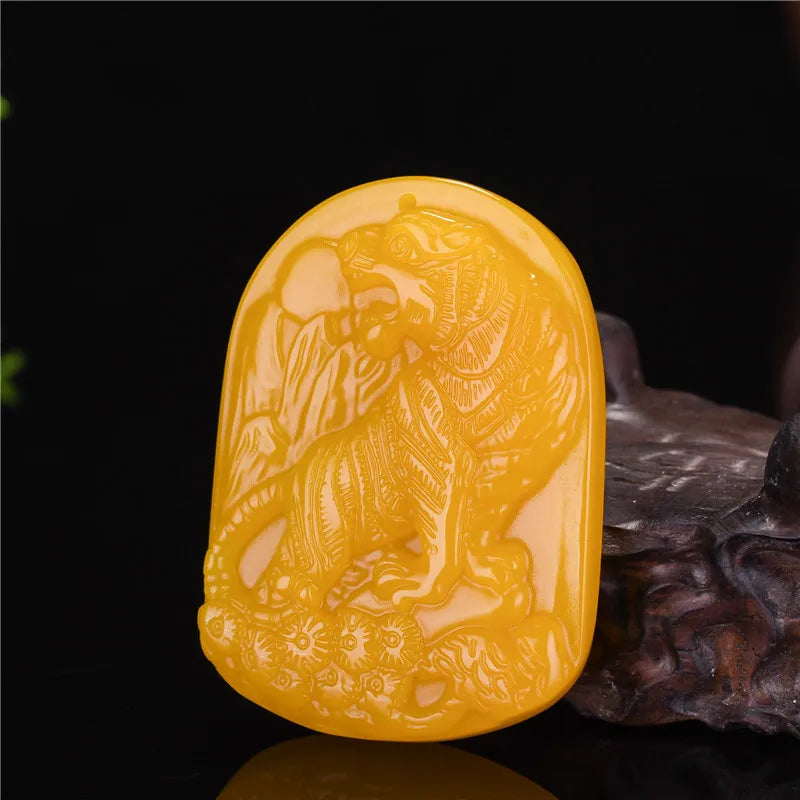 Yellow Dragon Jade Hand Carved Tiger Pendant Zodiac Necklace