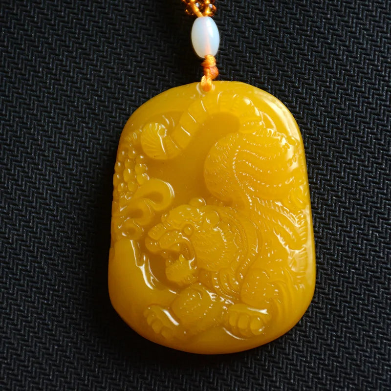 Yellow Dragon Jade Tiger Pendant Necklace
