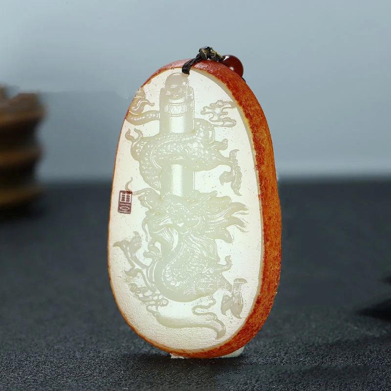 Natural Yellow Hand Carved Hollow Fuzi Jade Pendant Boutique Jewelry
