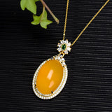 Yellow Jade Egg Pendant Necklace with Zircon Emerald - Women's Jewelry
