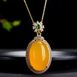 Yellow Jade Egg Pendant Necklace with Zircon Emerald - Women's Jewelry